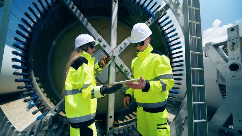 Two technicians in high visibility clothing inside a turbine hub